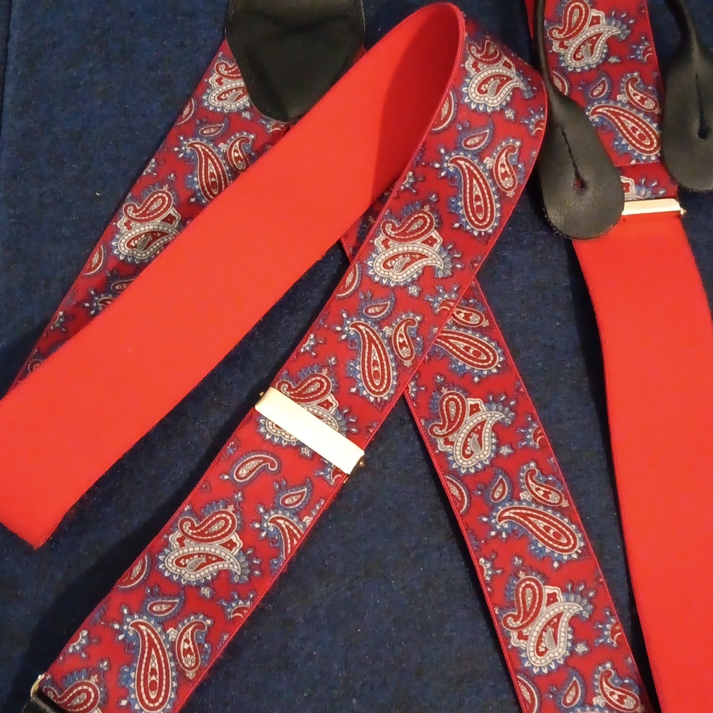 Red Paisley Button Suspenders with Black Leather Attachment with Gold Hardware.